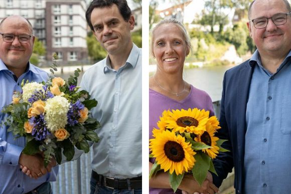 HFH-Präsident Prof. Dr. Lars Binckebanck (l.) gratuliert Prof. Dr. Gunnar Siemer (2. v. l.) und Prof. Dr. Cathleen Gaede-Illig (3. v. l) zur Wahl.